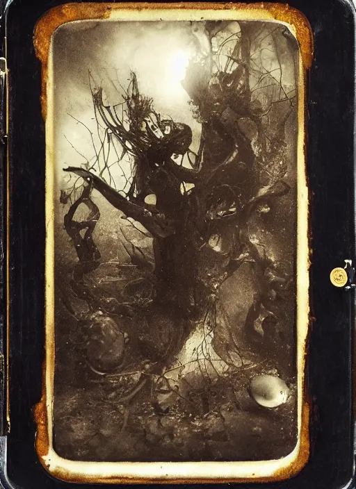 Prompt: old wetplate daguerreotype demoniacal beats explosion of data fragments, fractal, intricate, elegant, highly detailed, parallax, leica, medium format, subsurface scattering, by jheronimus bosch and greg rutkowski and louis jacques mande daguerre and brom