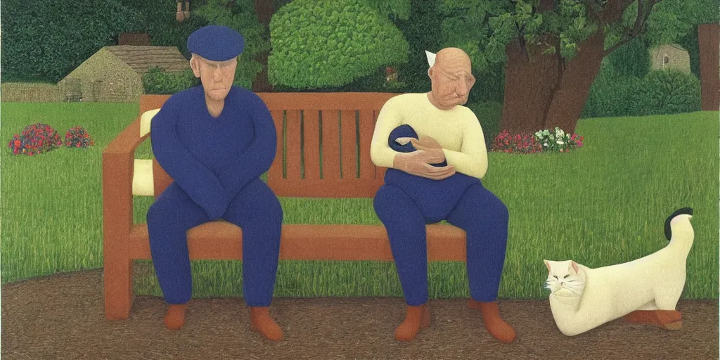 Prompt: the old man sat on the chair with the cat in his arms, in the garden, serene, by david inshaw