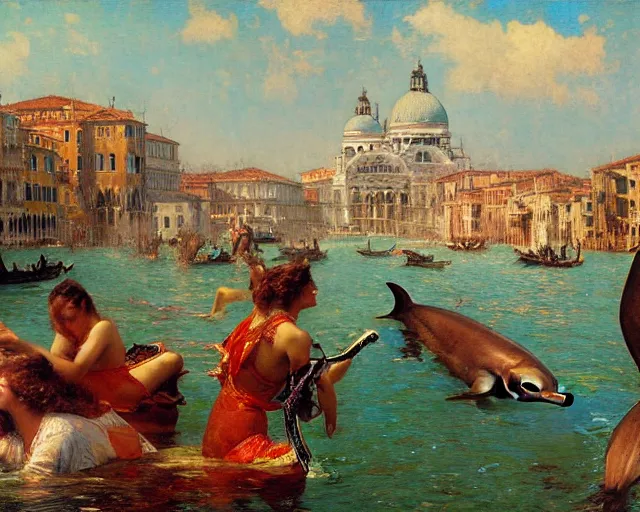 Image similar to dolphins swimming and jumping in venice, painting by gaston bussiere, craig mullins, j. c. leyendecker