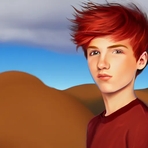 Prompt: red haired teen boy, desert in the background, artstation, highly detailed, illustration
