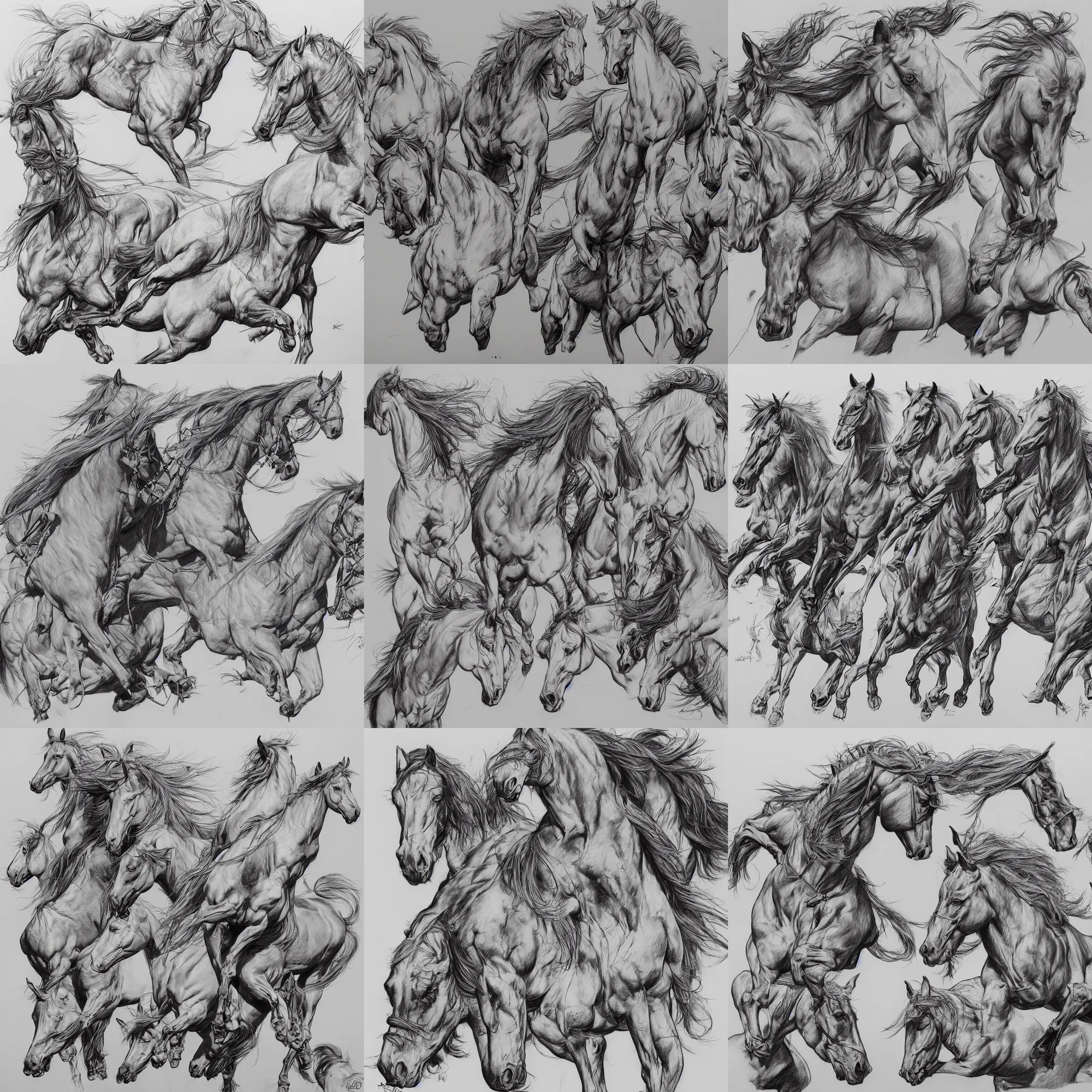 Prompt: drawing of horses by Kim Jung gi and Karl Kopinski