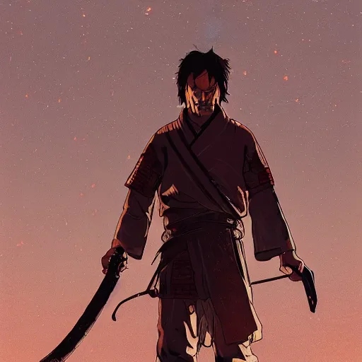 Prompt: Thomas Jane, an illustration of a worn out samurai that got time travelled to a futuristic colonized Mars, art by Ilya Kuvshinov, highly detailed, anime key visual, epic landscape, HD digital art, artstation