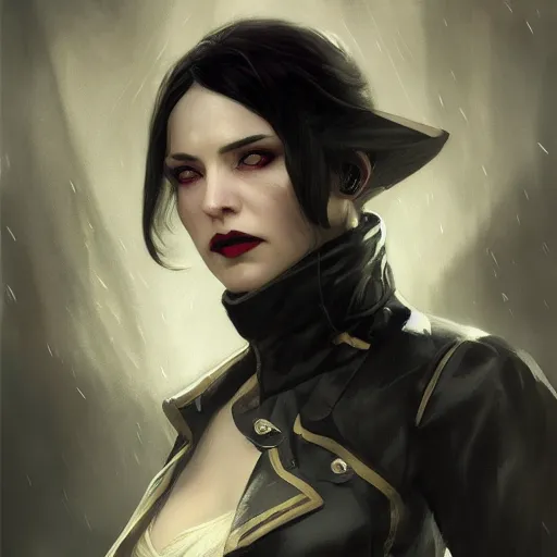 Image similar to female vampire in dishonored, heavy rain, wind, thunder, reflections, deep focus, d & d, fantasy, intricate, elegant, highly detailed, digital painting, artstation, concept art, matte, sharp focus, illustration, hearthstone, art by artgerm and greg rutkowski and alphonse mucha