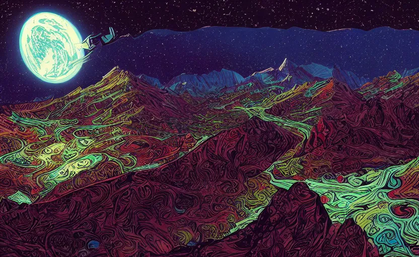 Prompt: mountains, stars and paisley filled sky, artstation, intricate, highly detailed, digital painting, concept art, sharp focus, illustration by Jean Claude Mézières and Kilian Eng