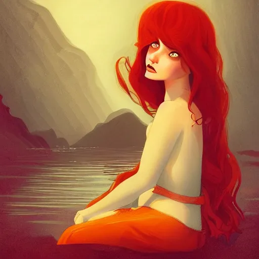 Image similar to a beautiful comic book illustration of a woman with long red hair sitting near a lake at night by daniela uhlig, featured on artstation