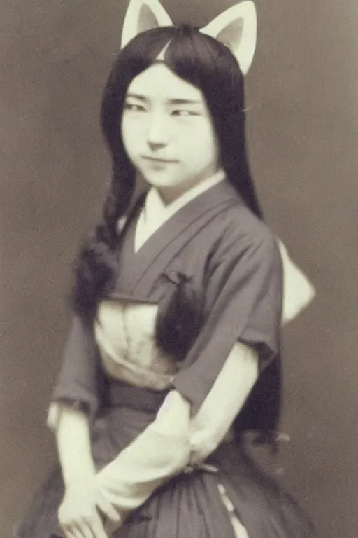 Image similar to first ever photograph of a catgirl, historic photograph, nekomimi cat ears, 19th century japan