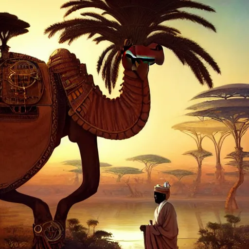Prompt: an african moor wearing white robes riding a steampunk camel into a lush desert oasis with a reflective pond, by greg rutkowski and android jones, oil on canvas, 8k, synthwave sunset