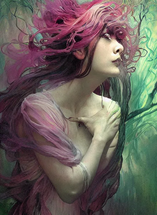 Prompt: a beautiful terrifying ghost portrait black eyes smoke death twisted trees cherry blossom, floating cloth whirlpool, butterfly hard lighting ethereal horror fantasy artwhite, green, pink hues by karol bak raymond swanland, gaston bussiere craig mullins alphonse mucha basil gogos, monet, ruan jia, by wlop, moebius syd mead roger dean yoshitaka amano