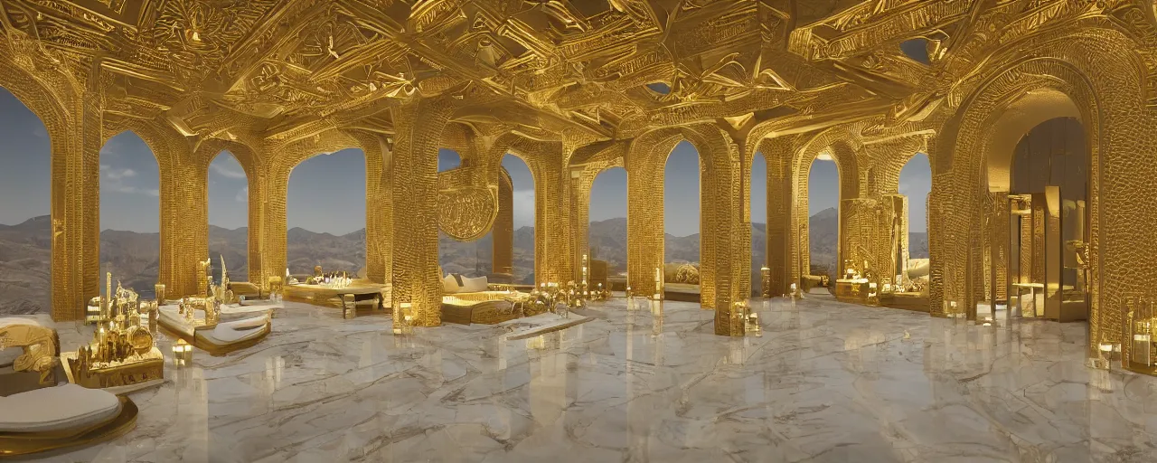 Image similar to interior of a double height luxury spa with everything made of gold, candles, beige marble floor, wellness pool, intricate hieroglyph detailed roof, contemporary design, sacred geometry, 8 k, hyperrealistic, photorealism, windows with view to wadi al disah mountains