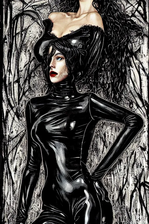 Prompt: dreamy gothic girl, wet black leather slim suit, beautiful woman body, detailed acrylic, grunge, intricate complexity, by dan mumford and by alberto giacometti, peter lindbergh