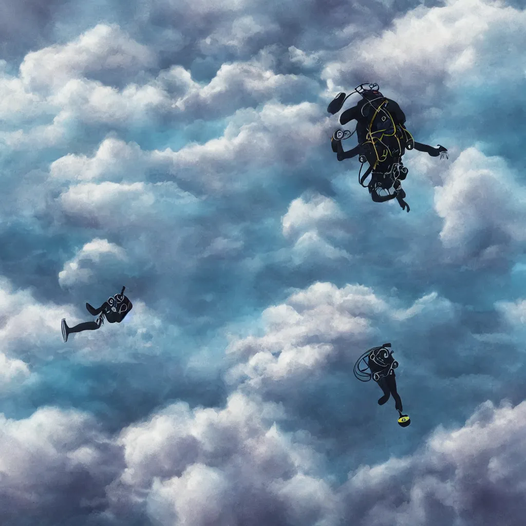 Image similar to a scubadiver floating above the clouds, digital illustration