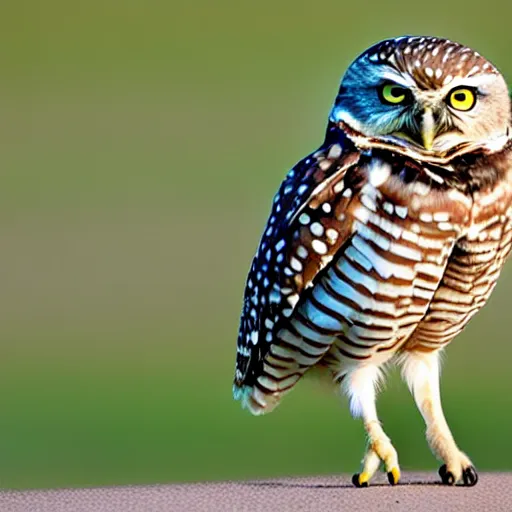 Prompt: the burrowing owl didn't sleep standing or perched, he slept in what could be described as a squat with his short stubby tail supporting him, and his legs splayed out to the sides, burrowing owl, guardians of gahool