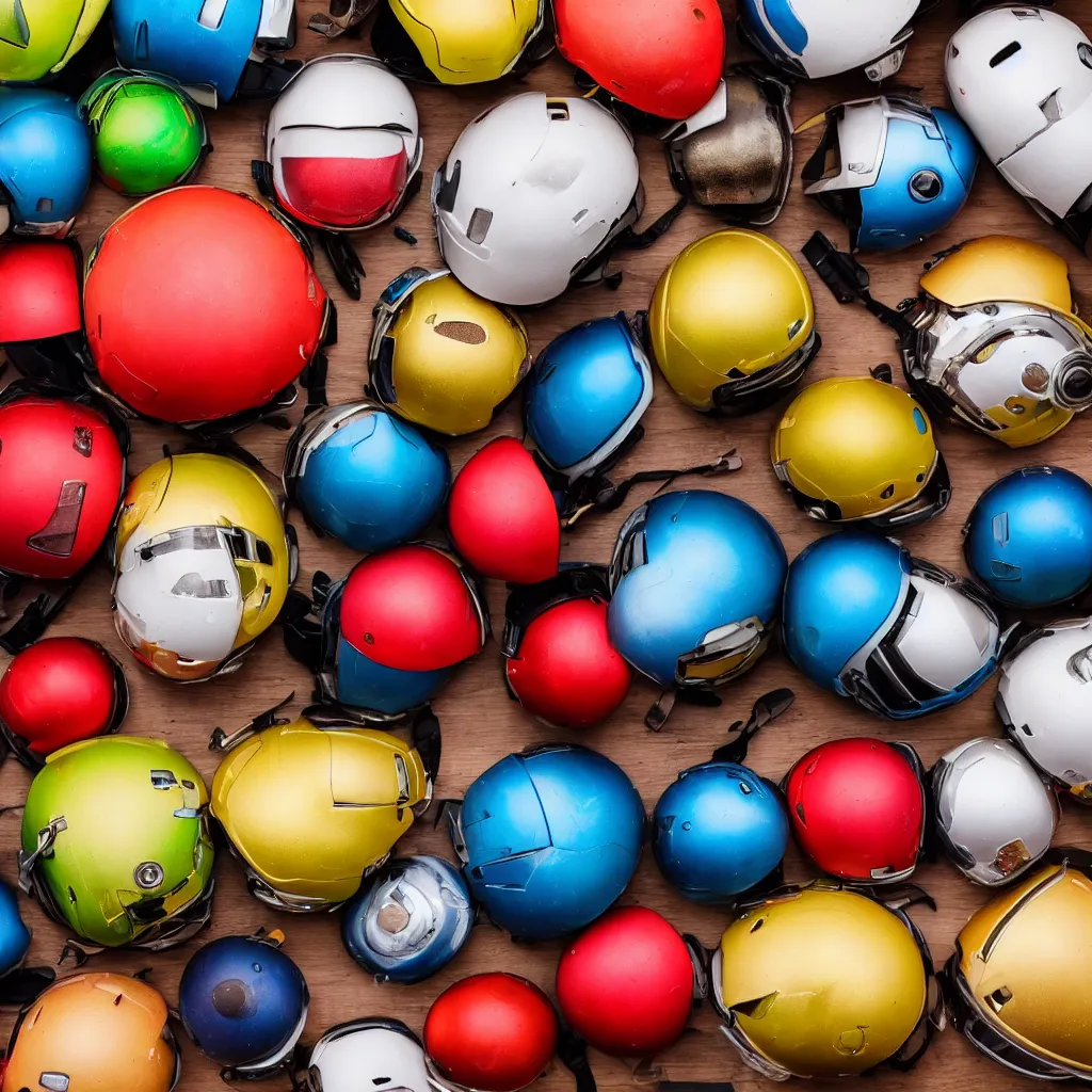 Image similar to a small collection of android helmets, inside different color wooden boxes. top down photo, close macro photo. studio photo, 8k