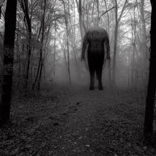 Prompt: yellow dog man scary monster pointy rusty trailcam footage, liminal, black and white, uncanny valley, foggy, creepypasta, scary nightmare fuel