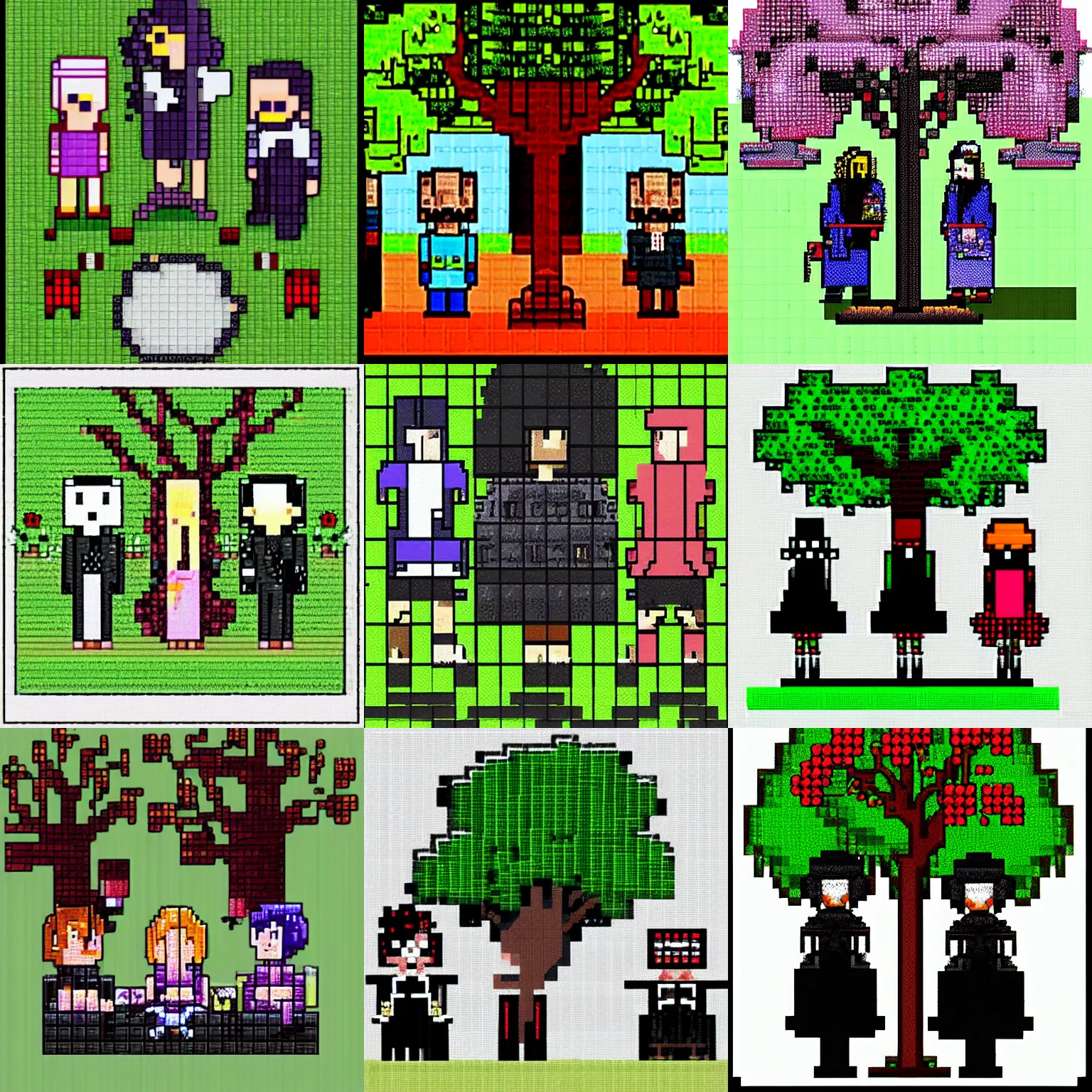 Prompt: high - quality pixelart. three goths loitering in the shade, talking beneath a cherry tree outside a blockbuster video store.