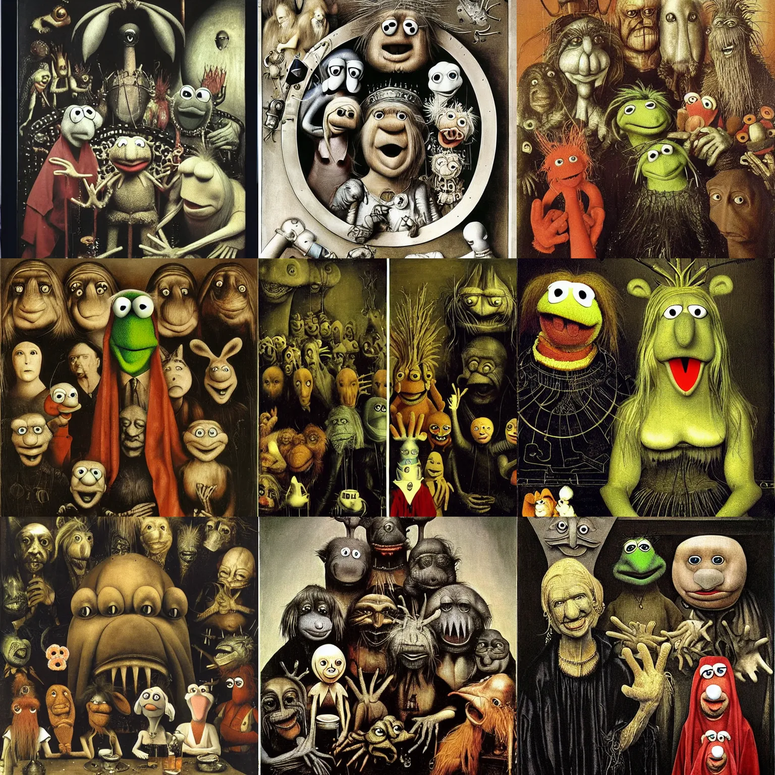 Prompt: the muppet show by h r giger and hieronymus bosch