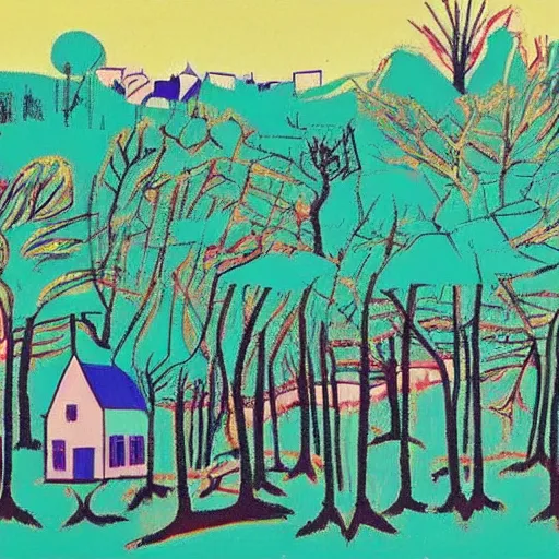 Prompt: an ancient village in a magical forest, painting by andy warhol