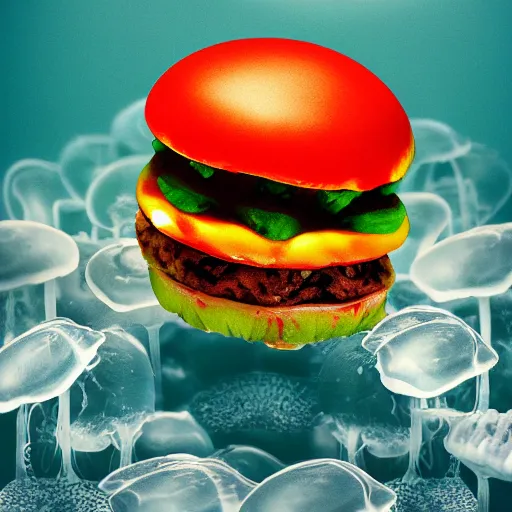 Image similar to hamburger mix jellyfish, cg, 8 k, surrealistic, sharp focus, style by andy warhol