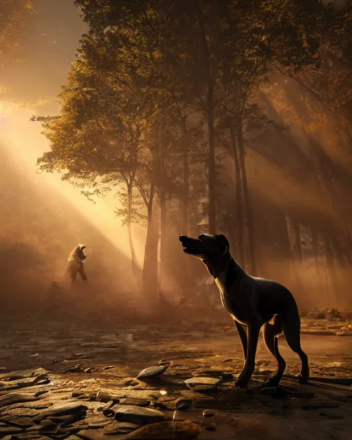 Image similar to working dog, hyper realism, cinematic, volumetric lighting, dramatic ambient lighting, epic composition, high detail, octane render, unreal engine, 8 k, professional photo, photorealistic, intricate complexity, extremely detailed,