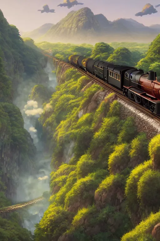 Image similar to a highly detailed matte painting of a steam train going through a beautiful valley by studio ghibli, makoto shinkai, by artgerm, by wlop, by greg rutkowski, volumetric lighting, octane render, 4 k resolution, trending on artstation, masterpiece