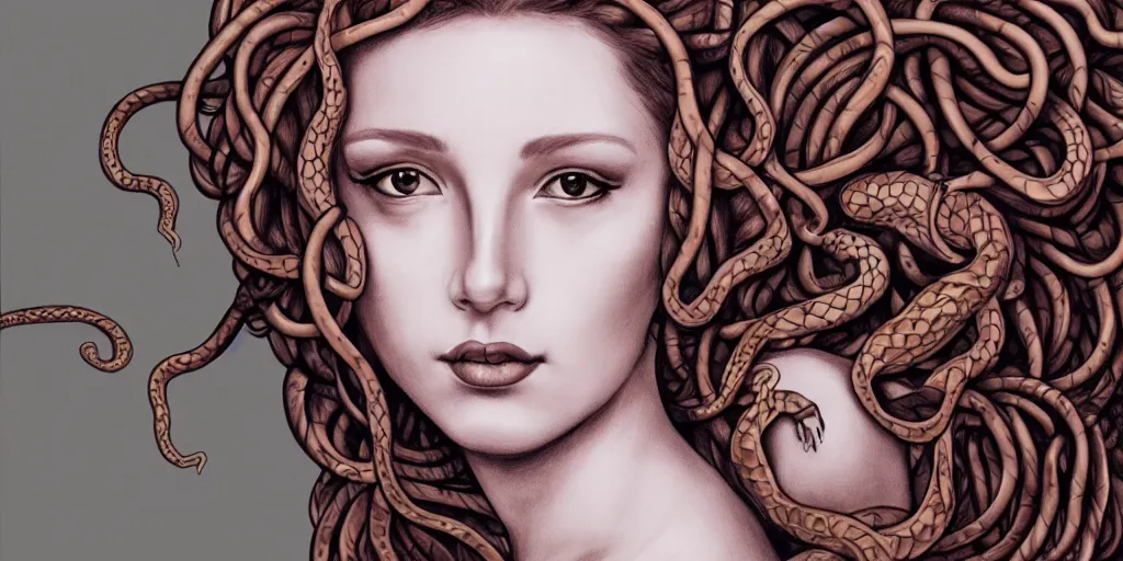 Prompt: realistic portrait of a beautiful medusa with her snake hair, 1450, ink, ultra realistic, 8k