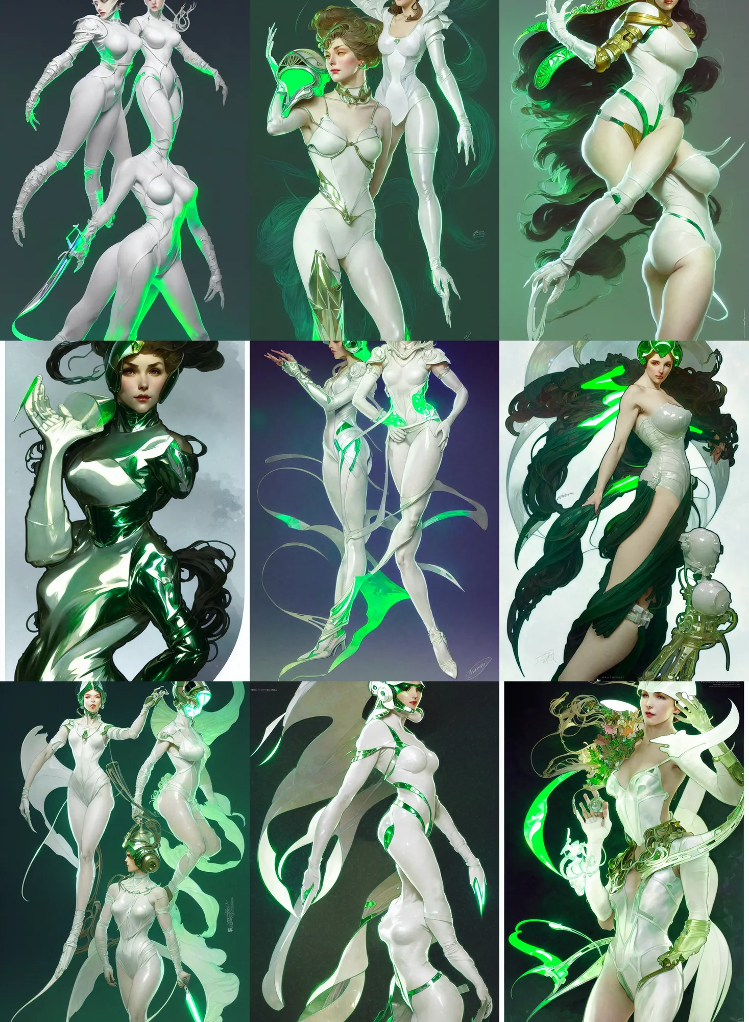 Prompt: a full body character design by artgerm, greg rutkowski and alphonse mucha. sci - fi dagger. white and green translucent plastic tape project show attctive showgirl!! sci - fi helmet!! sharp edges. contour light effect!!. ultra detailed, elegant, intricate, octane render.