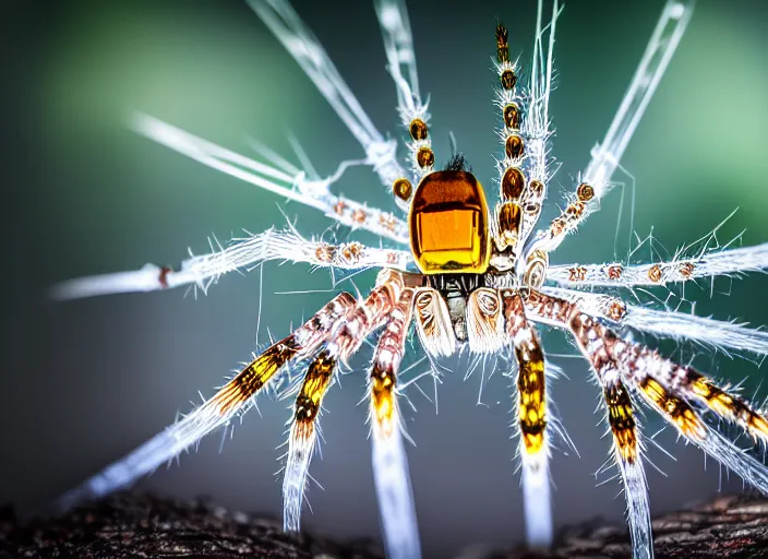 Image similar to portrait of a crystal spider in the forest. Fantasy magic style. Highly detailed 8k. Intricate. Nikon d850 55mm. Award winning photography.