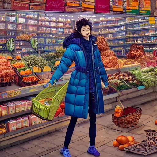 Prompt: the portrait a beautiful grocery young asia woman in down jacket, the background is a grocery store, winter, illustration by kim jung gi, irakli nadar, intricate linework, bright colors, octopath traveler, wenjun lin, unreal engine 5 highly rendered, global illumination, radiant light, detailed and intricate environment