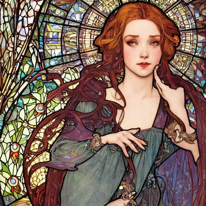 Prompt: realistic detailed stained glass of Anna from Frozen by Alphonse Mucha, Louis Comfort Tiffany, Ayami Kojima, Amano, Charlie Bowater, Karol Bak, Greg Hildebrandt, Jean Delville, and Donato Giancola, Art Nouveau, Neo-Gothic, gothic, rich deep colors