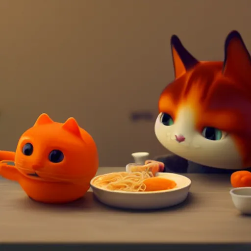 Image similar to A fat, cute orange cat eating ramen, cozy, octane render by Goro Fujita, details, lights, beautiful, 4K, 8K