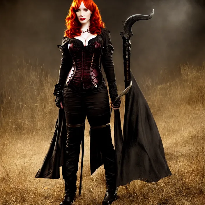 Image similar to professional full length photograph of christina hendricks as a vampire warrior. Extremely detailed. 8k