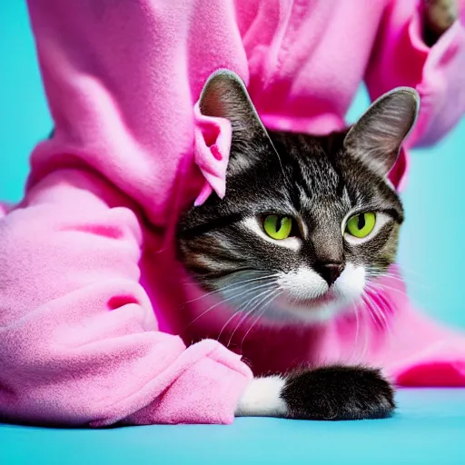 Image similar to high quality photograph of a cat wearing a beautiful pink robe