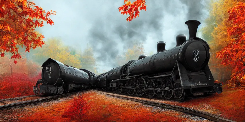 Prompt: A mysterious Hogwarts train in autumn arrives at a station. The leaves on the trees are changing color and falling to the ground. The air is cool and crisp. The train is long and black, and steam is coming out of the engine. The station is busy with people coming and going. by Alejandro Burdisio, Andreas Rocha, Tuomas Korpi, immaculate scale, hyper-realistic, Unreal Engine, Octane Render, digital art, trending on Artstation, 8k, detailed, atmospheric, immaculate