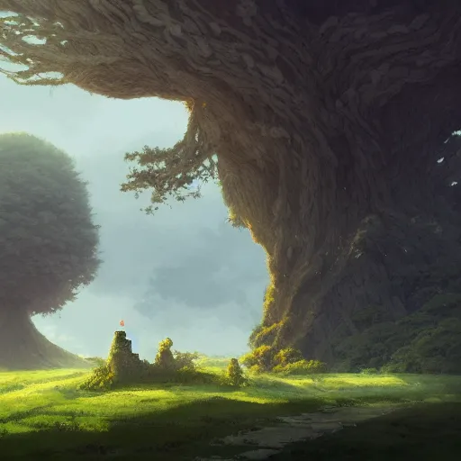 Prompt: a landscape of a single ancient ash tree, studio ghibli, castle in the sky, animated, anime, illustrated, overgrown, by greg rutkowski, dungeons and dragons on artstation