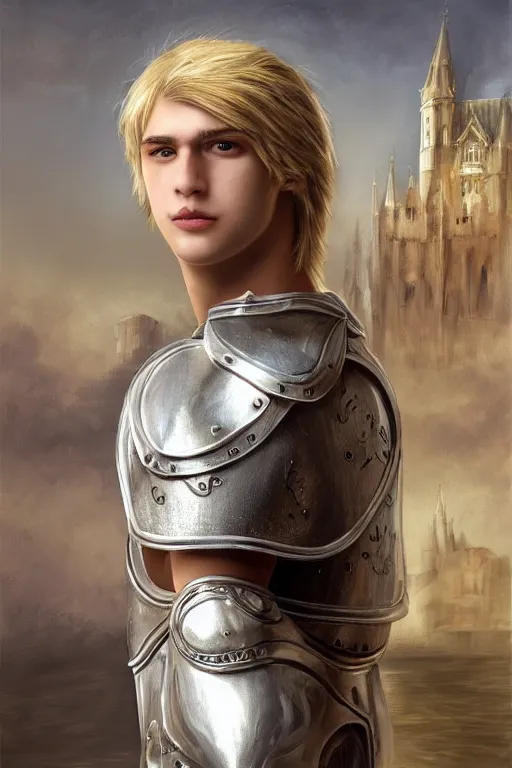 Prompt: a blonde male teenager wearing a silver plate armor, digital painting, digital art, oil painting, masterpiece, realistic and detailed face, profile picture, realistic, highly detailed, high quality, symmetrical, low contrast, trending on deviantart, soft colors, soft lighting, face portrait, beautiful, elegant, castle in the background, bokeh, oil painting