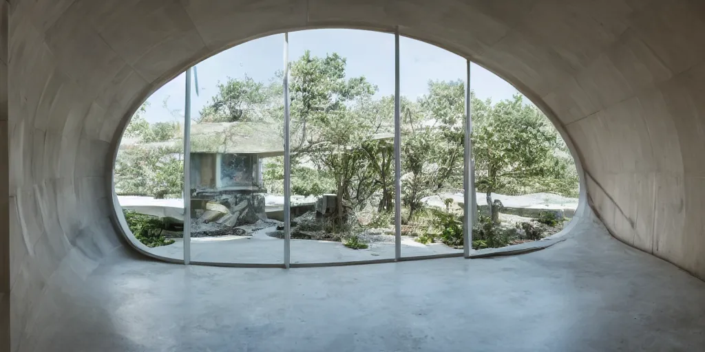 Image similar to interior of a home that is an undersea concrete dome with windows