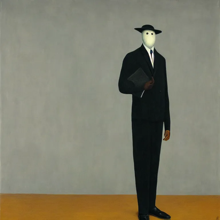 Image similar to portrait of a ghost in a suit, by rene magritte, detailed painting, hd, hq, high resolution, high detail, 4 k, 8 k