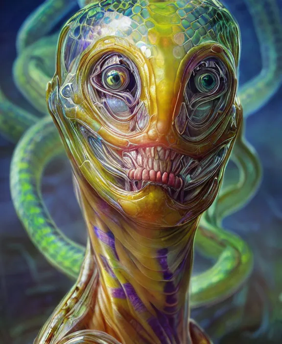 Image similar to intricate colorful transparent portrait of a terrifying beautiful alien snake creature, mottling coloring, adorable, childlike, medical equipment hospital environment, ultra realistic, concept art, art nouveau, photorealistic, octane render, 8 k, unreal engine. art by christopher marley and artgerm and greg rutkowski and alphonse mucha