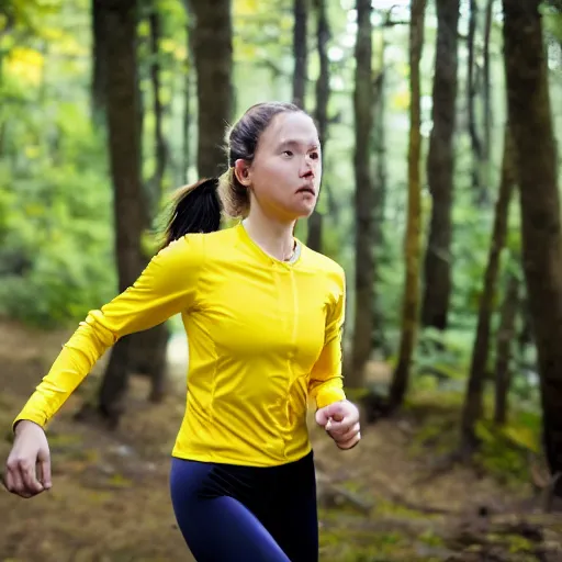 Prompt: a beutiful female orienteer wearing a yellow long - sleeved shirt and black tights runs in the forest, photo, sigma 5 5.