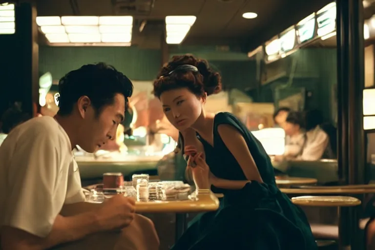 Image similar to movie interior closeup beautiful Japanese models couple closeup sitting and at 50s diner, night in the city, beautiful skin, by Emmanuel Lubezki