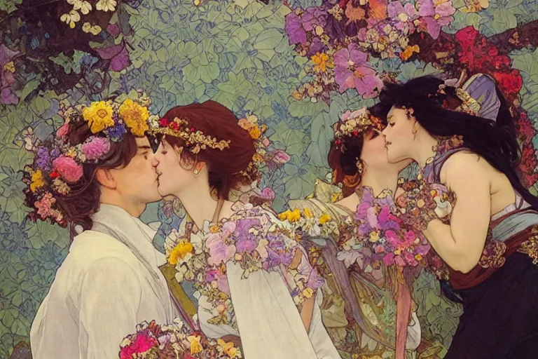 Image similar to the groom kisses the bride at a wedding full of flowers, bright and happy, dreamlike art, highly detail, 4 k realistic, wedding photoy krenz cushart. artem demura. alphonse mucha. yoji shinkawa artgerm. jon lothian. danilo torres. adi meyers. thomas reimann. gaston bussiere.