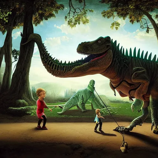 Image similar to dream a kid at the park walking a dinosaur with a leash, renaissance oil painting by George Lucas and Jarosław Jaśnikowski and Dan Mumford, hyperralistic, hyperdetailed