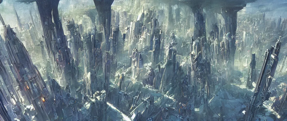 Image similar to A beautiful illustration of a futuristic city built across a world of waterfalls by Robert McCall and Ralph McQuarrie | sparth:.2 | Time white:.2 | Rodney Matthews:.2 | Graphic Novel, Visual Novel, Colored Pencil, Comic Book:.6 | unreal engine:.3 | | viewed from above | establishing shot:.7