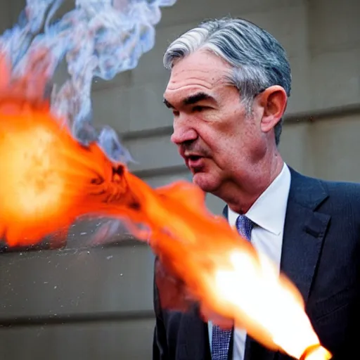 Image similar to photo of Jerome Powell using a flamethrower projecting a long flame. award-winning, highly-detailed