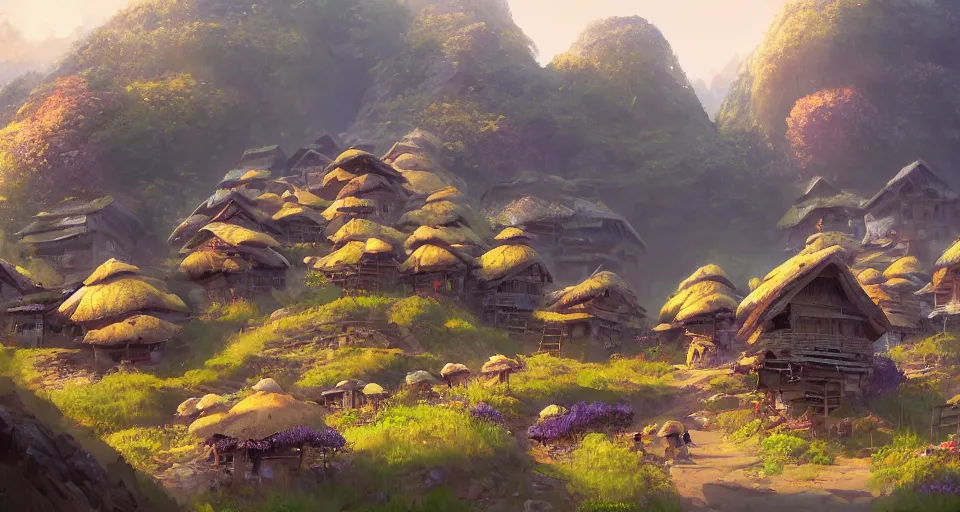 Prompt: beautiful village with japaneese mushroom houses on a mountain slope, realistic concept art, eytan zana, one pixel brush, lavander and yellow color scheme, concept art, trending on artstation