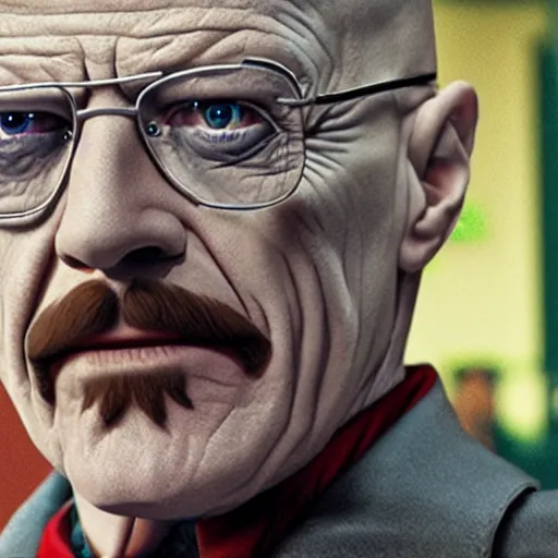 Image similar to walter white as the joker, 8 k, photorealistic, film still