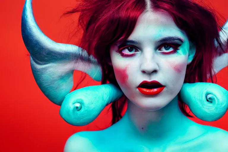 Prompt: pretty demon girl with horns photograph in the style of clemens ascher, colorful, realistic, 8 k, portrait, ambient lights,