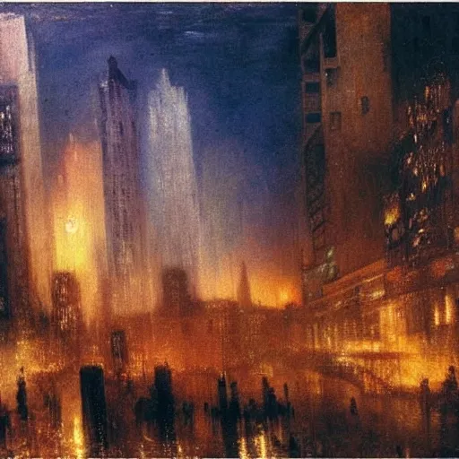 Image similar to cyberpunk cityscape at night with silhouette figure in foreground. Turner painting 1910