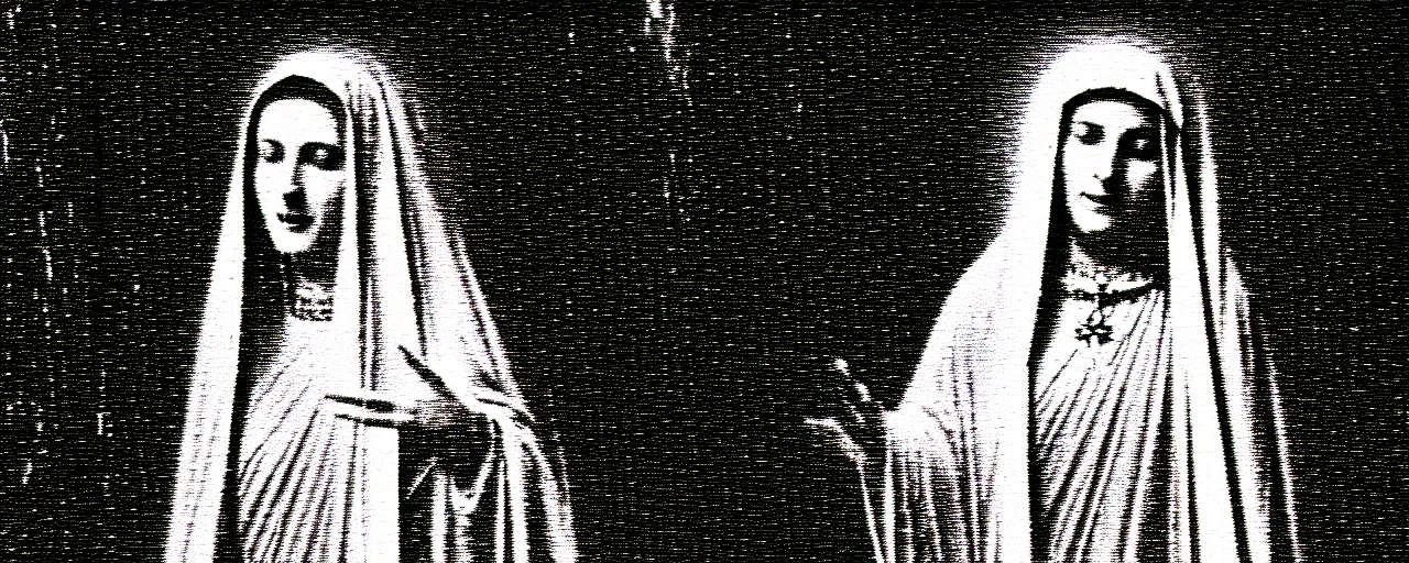 Image similar to vhs static overlay of marian apparition, vhs, 1 9 9 0, highly realistic, highly detailed, vhs noise static, black and white, vhs glitch