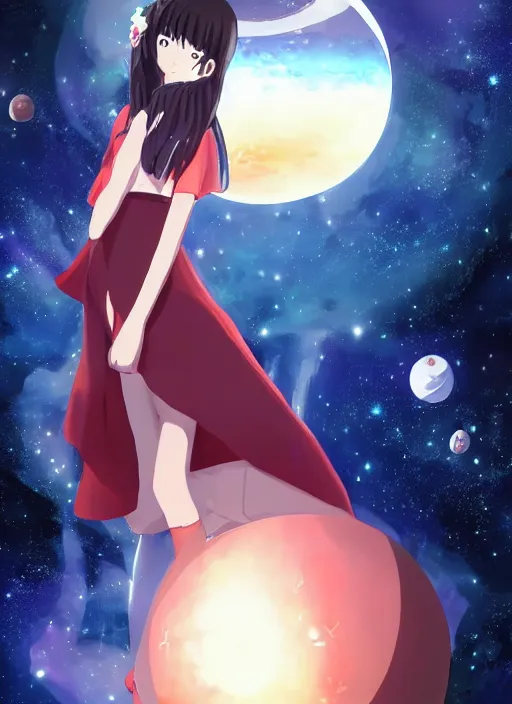 Prompt: a gigantic anime girl in outer space holding a planet in her hand. Anime, Makoto Shinkai, trending on ArtStation, digital art.